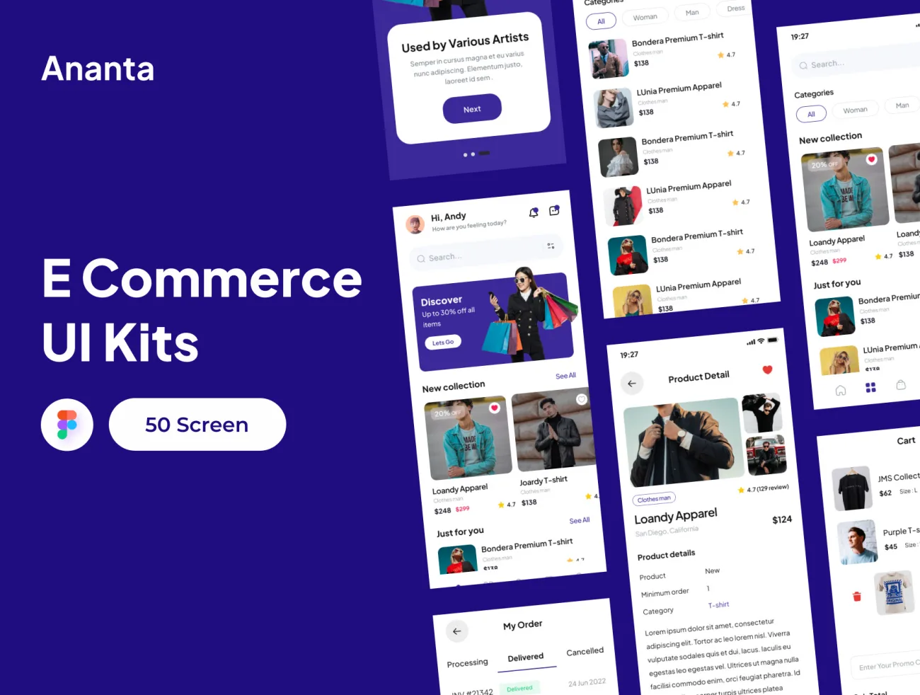 50款蓝色极简电子商务应用程序 UI 套件 Ananta - E Commerce App UI Kits figma-UI/UX、ui套件、主页、付款、列表、图表、应用、支付、网购、表单、详情-到位啦UI