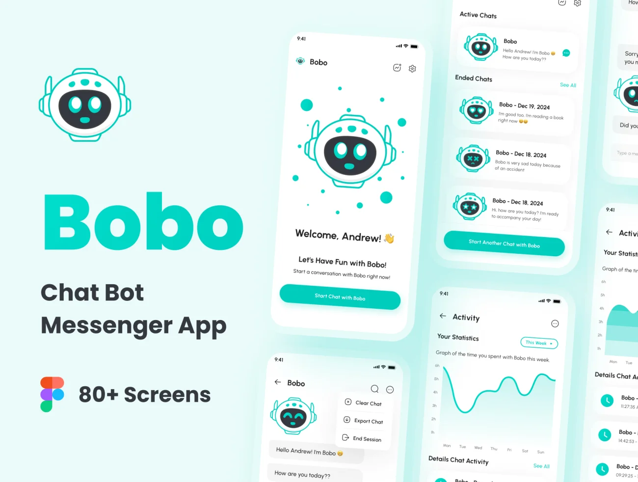 80屏聊天机器人高质量应用 UI 套件 Bobo - ChatBot Messenger App UI Kit figma-UI/UX、ui套件、主页、应用、聊天-到位啦UI