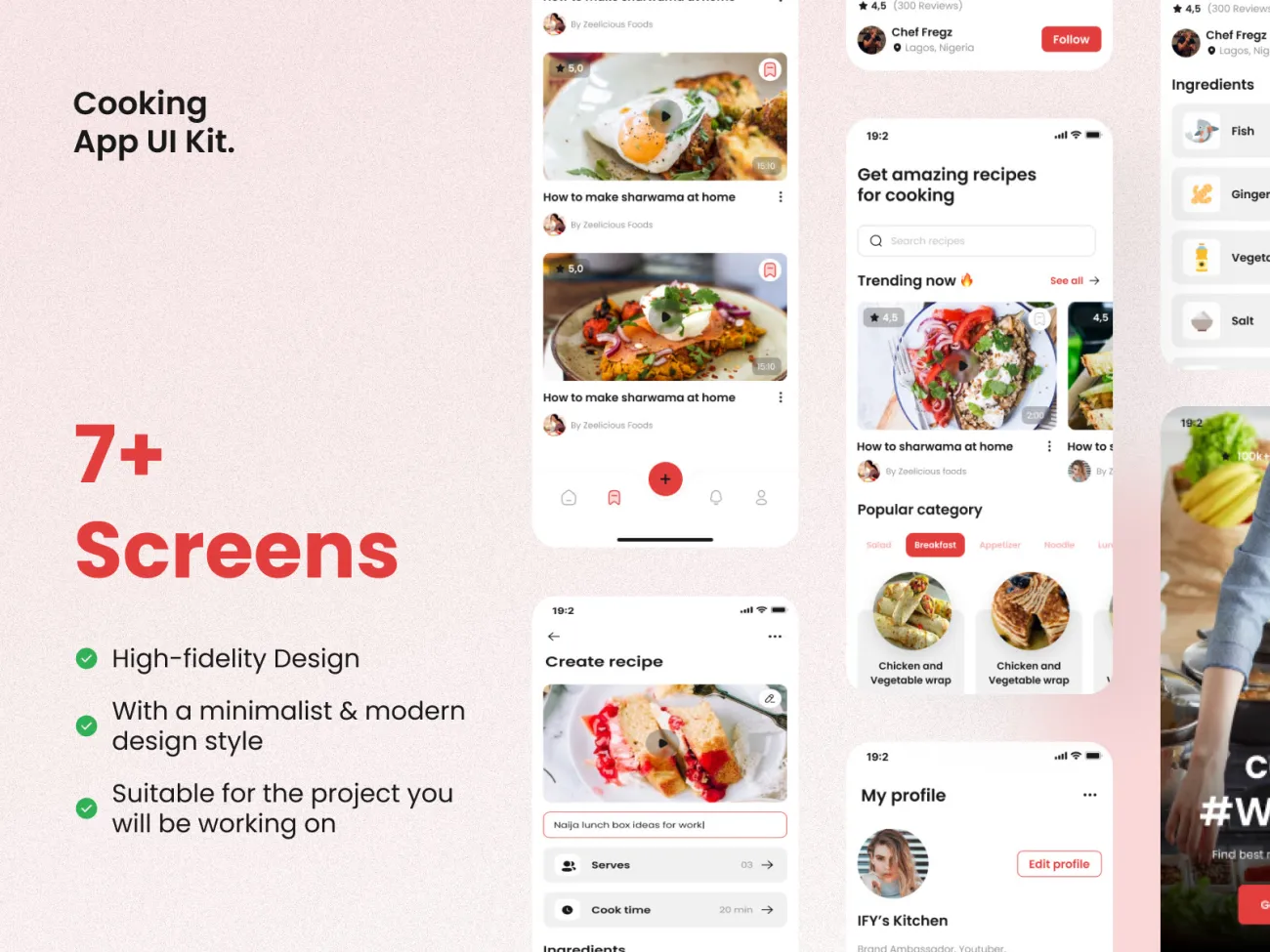 7屏美食点餐应用UI设计套件 Cooking App UI Kit figma-UI/UX、ui套件、主页、博客、卡片式、应用、注册、登录页、网站-到位啦UI