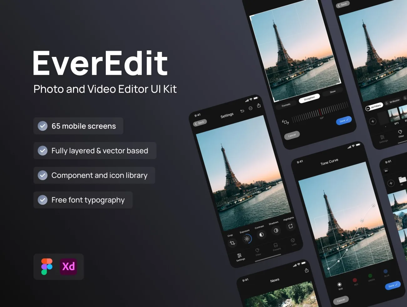 65屏移动应用照片和视频编辑器 UI 套件 EverEdit - Mobile Photo & Video Editor UI Kit xd figma-UI/UX、ui套件、主页、介绍、卡片式、应用-到位啦UI