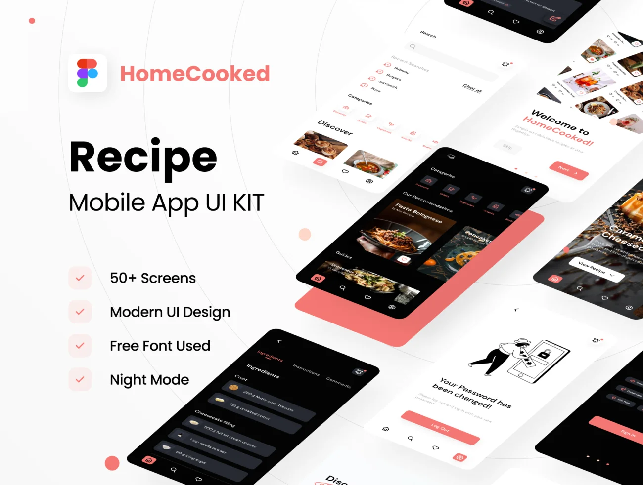 50屏美食烹饪食谱应用UI设计套件 HomeCooked Recipe Mobile UI Kit figma-UI/UX、ui套件、主页、介绍、列表、卡片式、应用-到位啦UI