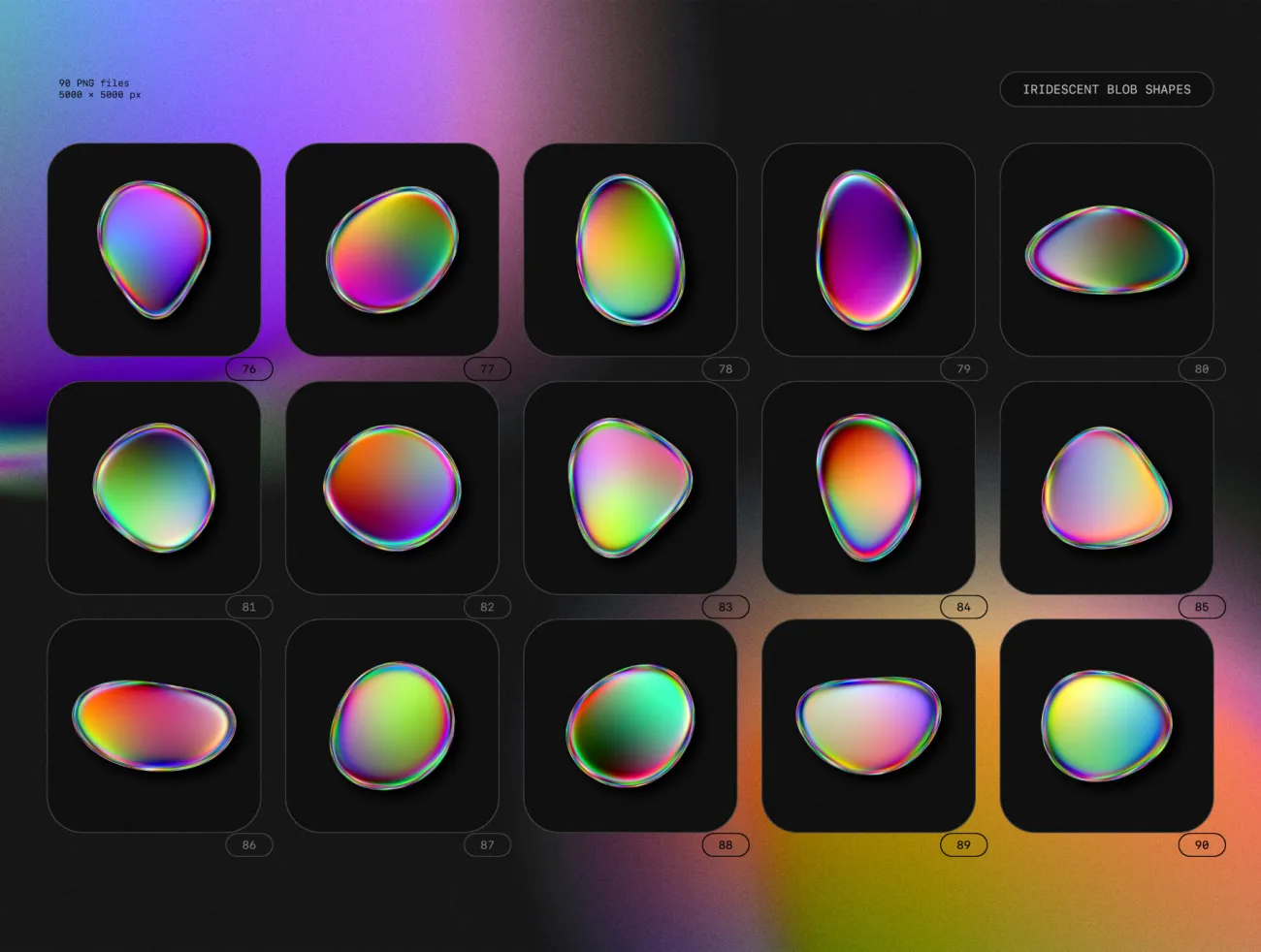 90款高清5k彩虹色渐变形状集合 Iridescent blob shapes collection png-图案设计、海报素材、设计元素-到位啦UI