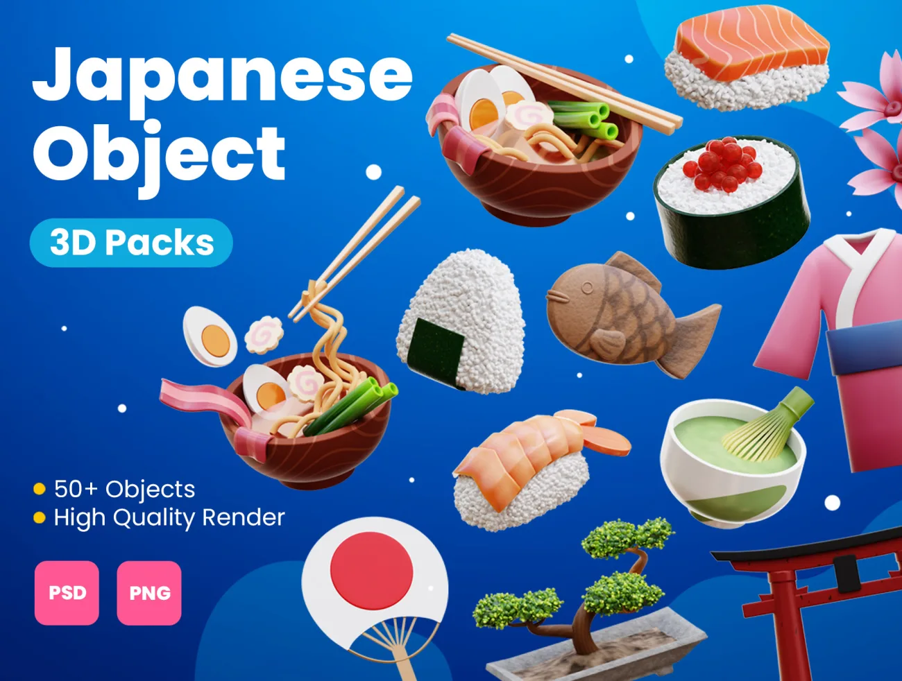 50款日本风格美食服饰建筑3D图标模型 Japanese 3D Icons psd png-3D/图标-到位啦UI