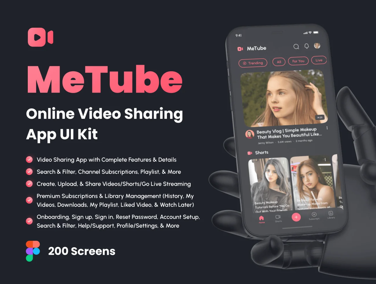 200屏在线视频分享应用程序 UI 套件 MeTube – Online Video Sharing App UI Kit figma插图1