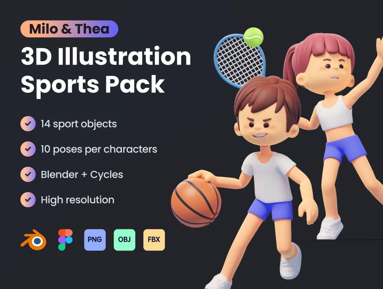 14款卡通形象3D模型运动插画包 Milo & Thea – 3D Illustration Sports Pack blender figma png obj fbx插图1