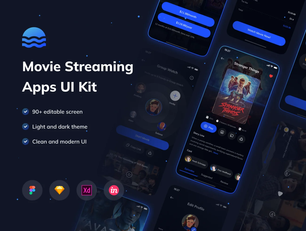 90屏电影流媒体应用程序 UI 套件 Movees – Movie Streaming Apps UI KIT sketch figma插图1