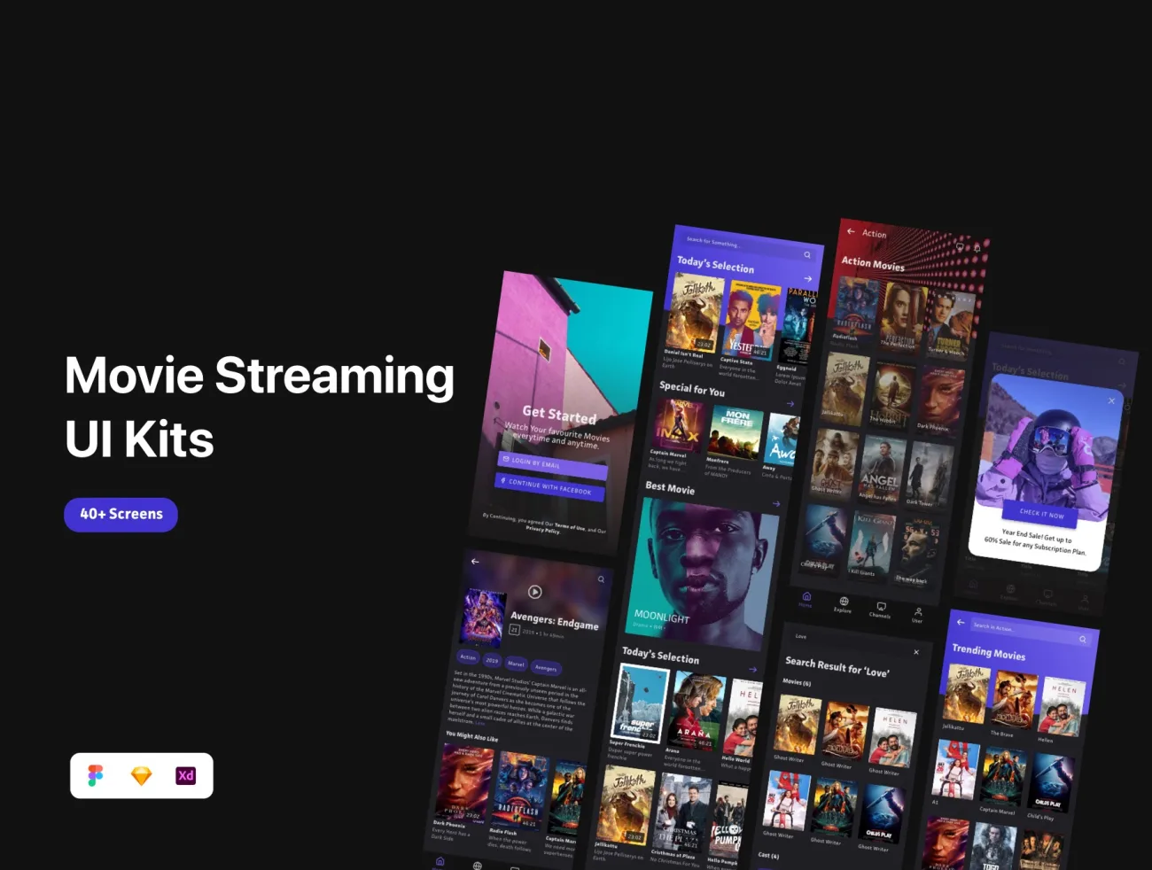 40屏电影流媒体应用程序 UI 套件 Nons – Movie Streaming App UI Kits sketch xd figma插图1