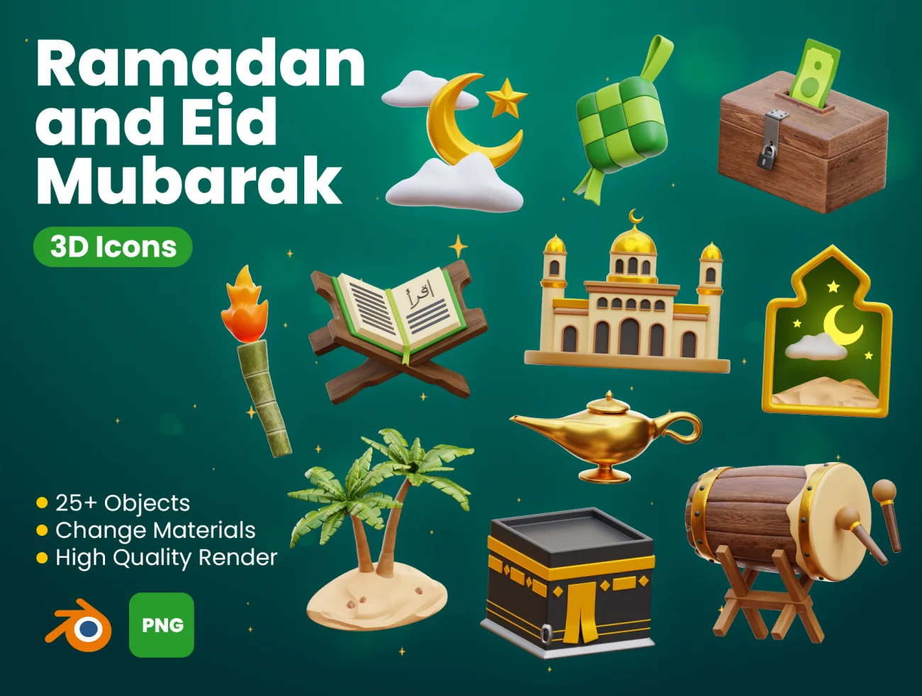 25款斋月和开斋节穆巴拉克 3D 图标模型 Ramadan and Eid Mubarak 3D Asset blender psd插图1