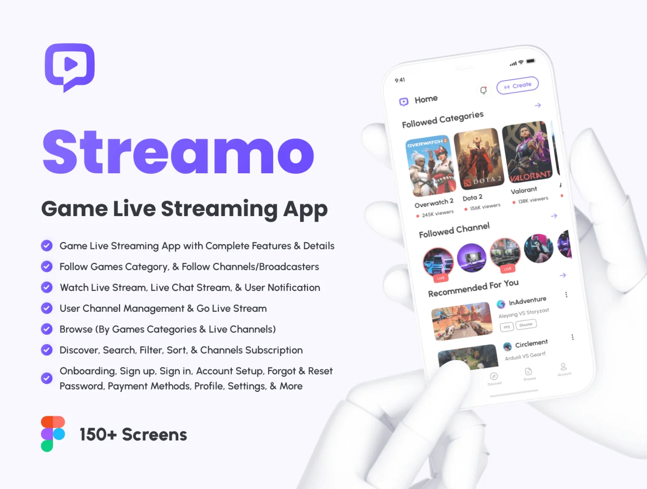 150屏游戏直播应用程序 UI 套件 Streamo – Game Live Streaming App UI Kit figma插图1