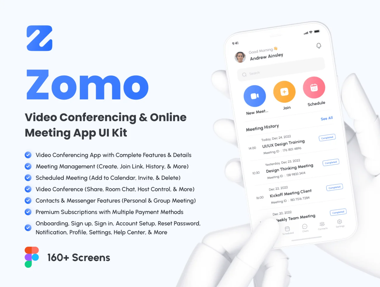 160屏视频在线会议应用程序UI设计套件 Zomo – Video Conferencing & Online Meeting App UI Kit figma插图1