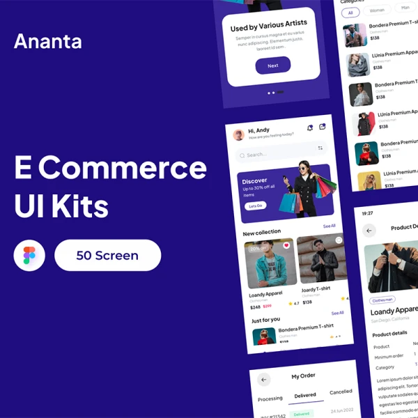 50款蓝色极简电子商务应用程序 UI 套件 Ananta - E Commerce App UI Kits figma