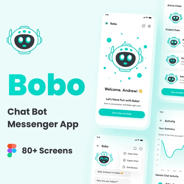 80屏聊天机器人高质量应用 UI 套件 Bobo - ChatBot Messenger App UI Kit figma