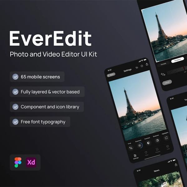 65屏移动应用照片和视频编辑器 UI 套件 EverEdit - Mobile Photo & Video Editor UI Kit xd figma