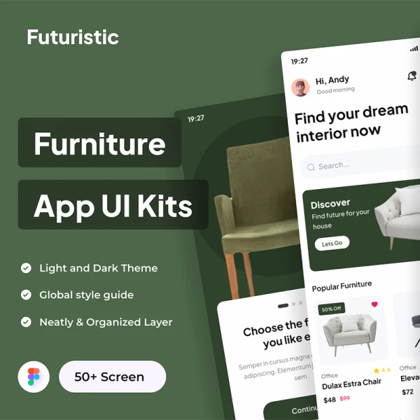 50屏未来主义家具电商应用UI套件 Futuristic - Furniture Apps UI Kits figma