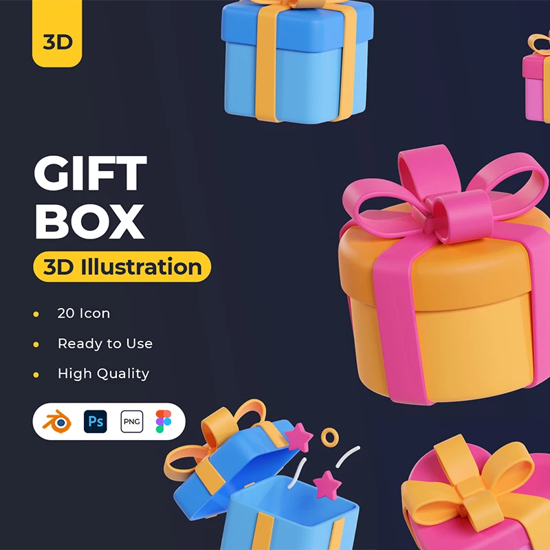 20款礼盒3D图标模型 Gift Box 3D Icons blender psd figma缩略图到位啦UI