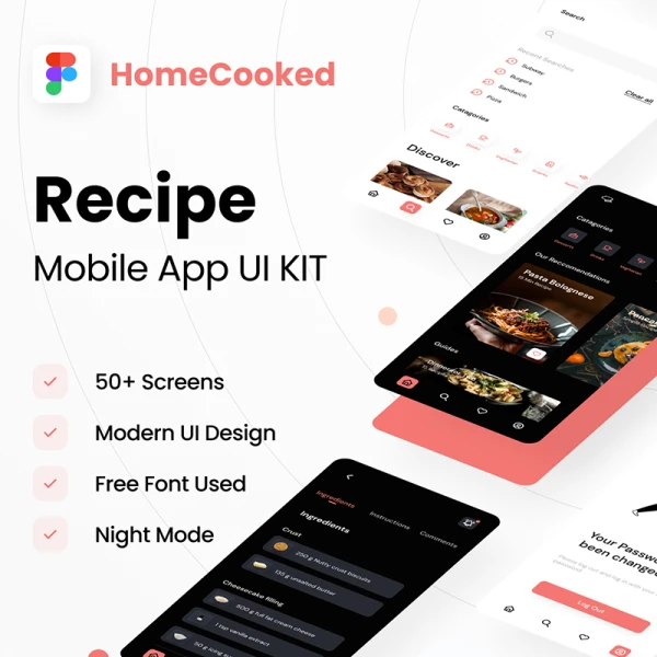 50屏美食烹饪食谱应用UI设计套件 HomeCooked Recipe Mobile UI Kit figma