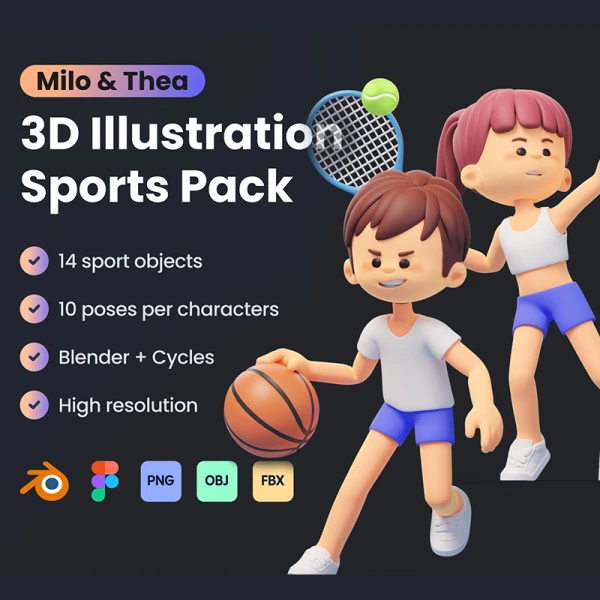 14款卡通形象3D模型运动插画包 Milo & Thea - 3D Illustration Sports Pack blender figma png obj fbx