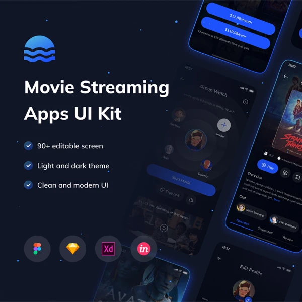90屏电影流媒体应用程序 UI 套件 Movees - Movie Streaming Apps UI KIT sketch figma