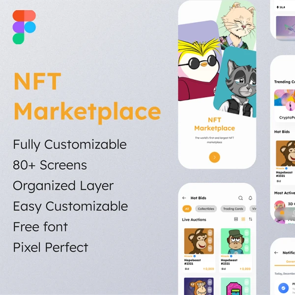 80屏NFT 市场应用程序设计套件 NFT Marketplace App figma