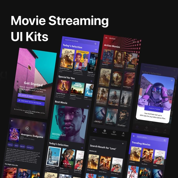 40屏电影流媒体应用程序 UI 套件 Nons - Movie Streaming App UI Kits sketch xd figma