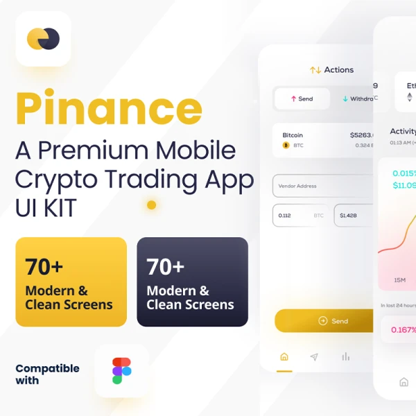 70屏高级加密货币交易移动应用程序UI设计套件 Pinance - A Premium Crypto Currency Trading Mobile App figma
