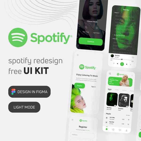 10屏spotify免费重构应用设计套件 Spotify Redesign - Free Ui Kit (Light) figma