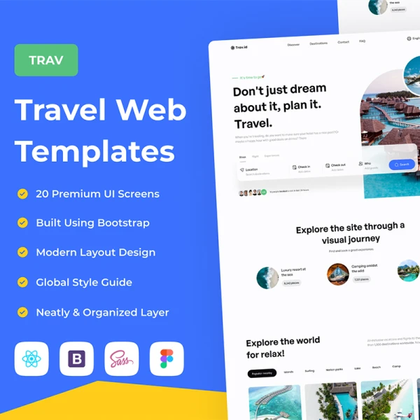 20屏现代简约风格优质旅行网页模板 Trav - Travel Web Templates figma html