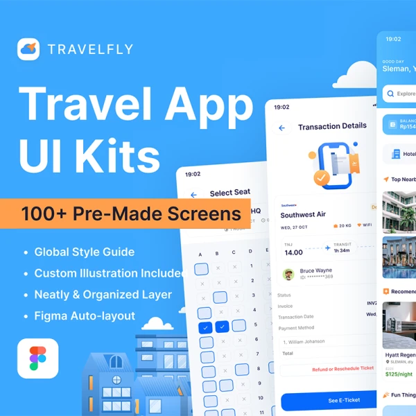 100屏蓝色旅游机票酒店门票预订应用 UI 套件 TravelFly - Travel App UI Kit figma