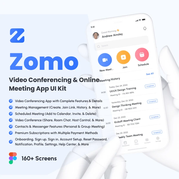 160屏视频在线会议应用程序UI设计套件 Zomo - Video Conferencing & Online Meeting App UI Kit figma