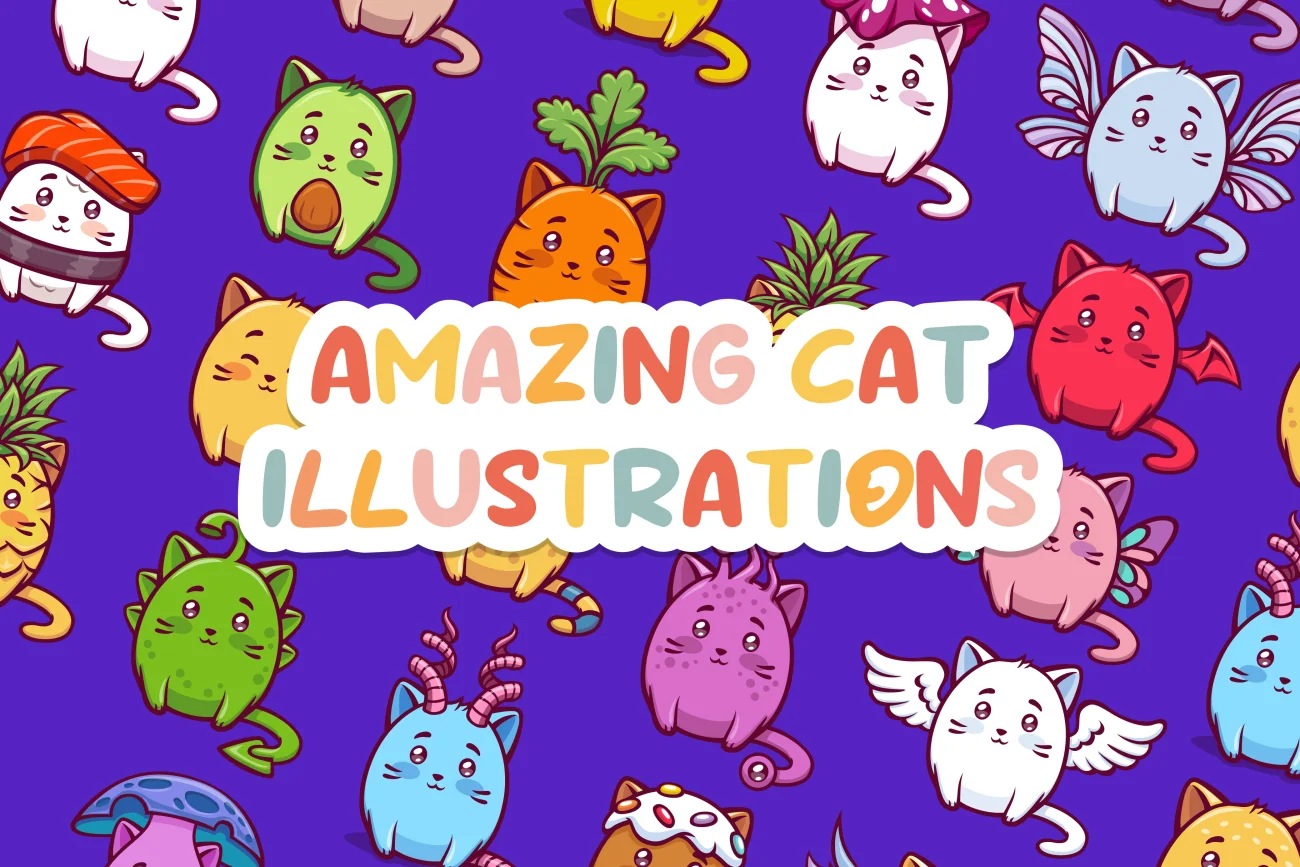 43款趣味猫咪表情包贴纸插图 Amazing Cat Illustrations .sketch. psd. ai. figma. svg. png-3D/图标、插画、插画风格、概念创意、线条手绘、趣味漫画-到位啦UI