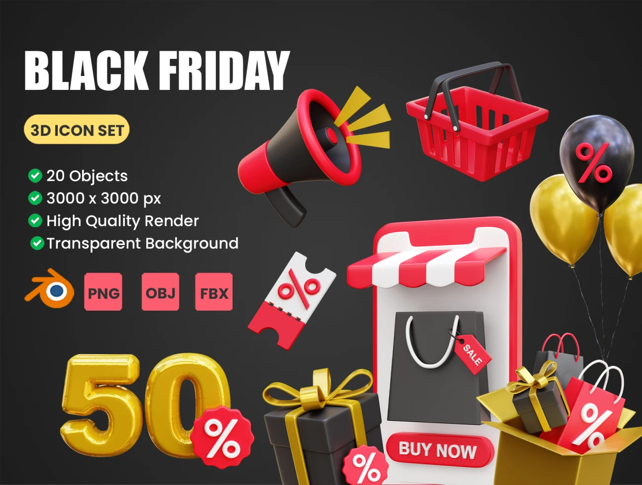 20款黑色星期五购物促销3D图标模型 Black Friday 3D Icon Set .blend. psd. figma-3D/图标-到位啦UI