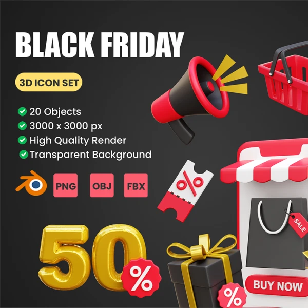 20款黑色星期五购物促销3D图标模型 Black Friday 3D Icon Set .blend. psd. figma