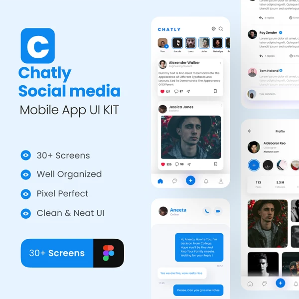 30屏沟通社交应用UI设计套件 Chatly - Social Media App UI Kit .figma