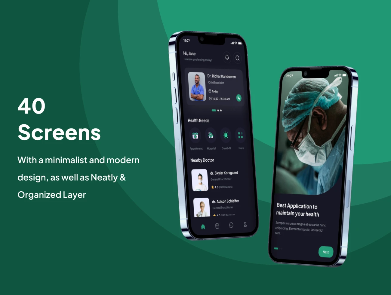 40屏在线医疗远程看病应用UI设计套件 ChekHealt - Health Apps UI Kits .figma-UI/UX、ui套件、主页、介绍、付款、列表、应用、预订-到位啦UI