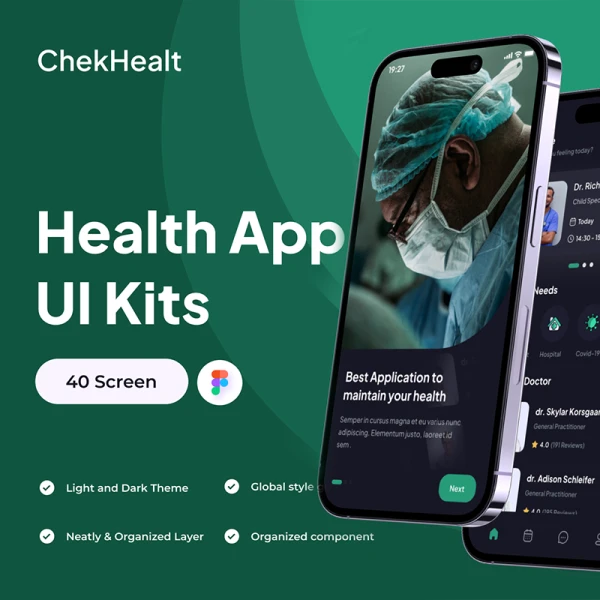 40屏在线医疗远程看病应用UI设计套件 ChekHealt - Health Apps UI Kits .figma