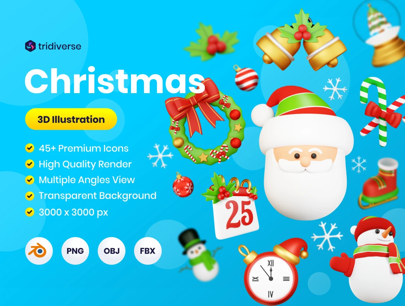 45款圣诞节3D图标 Christmas 3D icons .blend. psd. ai. xd. figma-3D/图标-到位啦UI