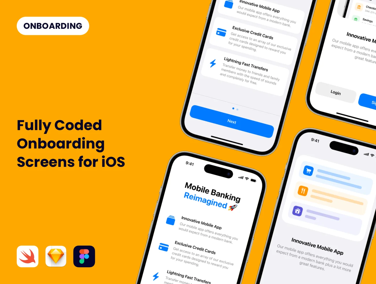 ios应用欢迎引导界面UI设计套件包含源码 Coded Onboarding Screens for iOS .figma. sketch. swift-UI/UX、ui套件、主页、介绍、引导页、源码-到位啦UI