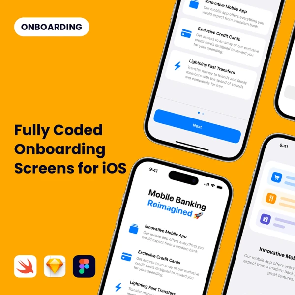 ios应用欢迎引导界面UI设计套件包含源码 Coded Onboarding Screens for iOS .figma. sketch. swift
