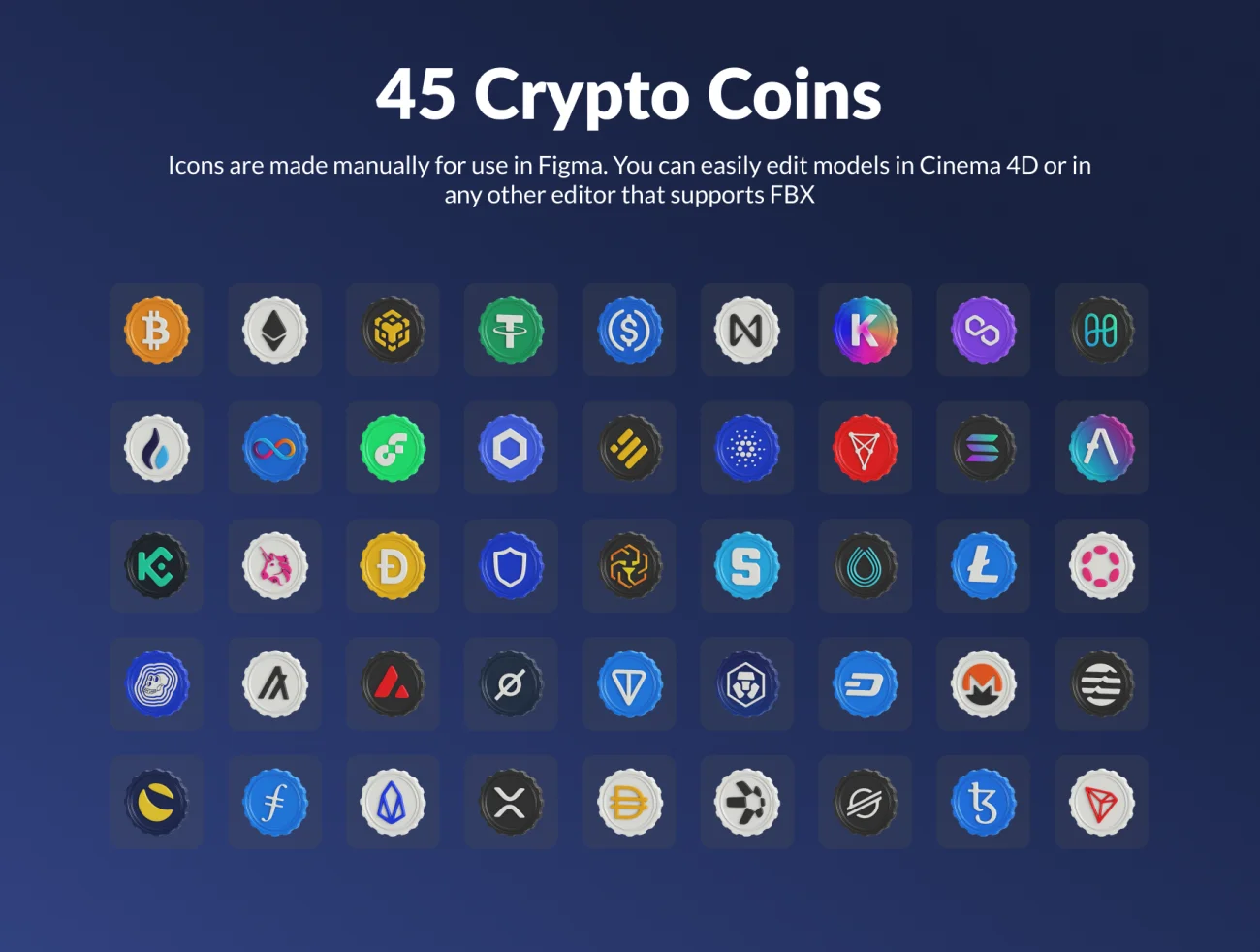 45款加密硬币3D模型图标集 Crypto Coins & 3D Icon Set .figam. c4d. fbx. png. blend-3D/图标-到位啦UI