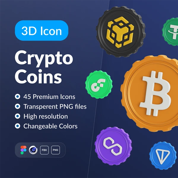 45款加密硬币3D模型图标集 Crypto Coins & 3D Icon Set .figam. c4d. fbx. png. blend