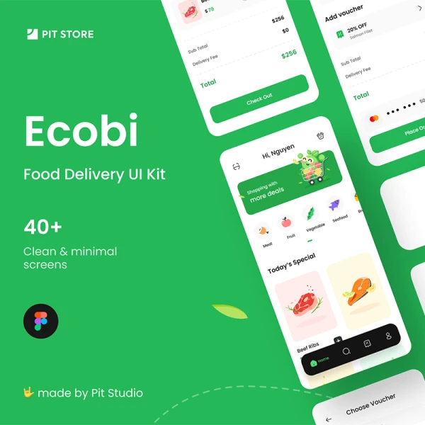 40屏食品蔬菜网购外卖配送 UI 套件 Ecobi - Food & Delivery UI Kit .figma