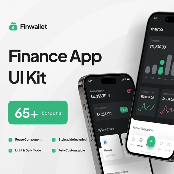 65屏金融理财手机应用UI设计套件 Finwallet - Finance Mobile App UI Kit .figma