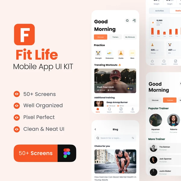 50屏健身应用 UI 套件 FitLife - Fitness App UI Kit .figma