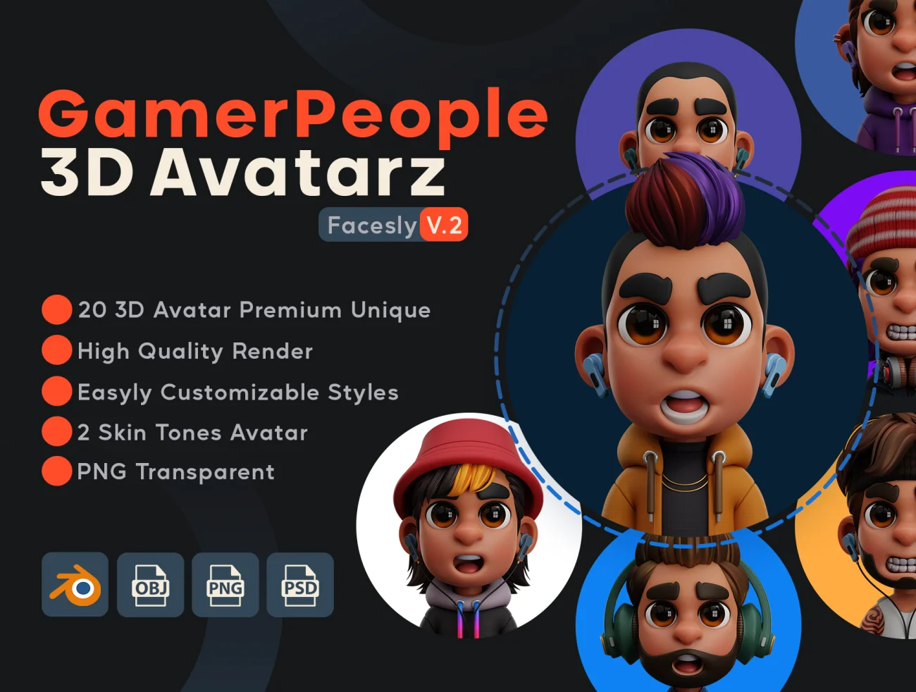 20屏游戏玩家人物头像3D模型素材下载 GamerPeople 3D Avatar - Facesly V.2 .blend. obj. png. psd-3D/图标-到位啦UI