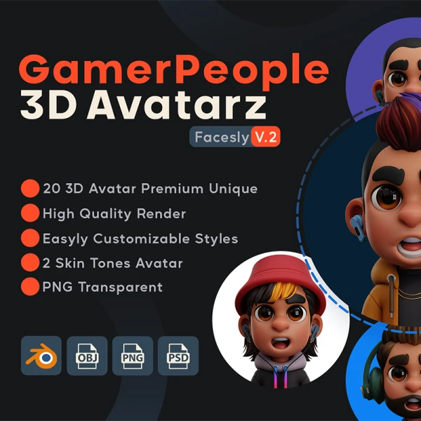 20屏游戏玩家人物头像3D模型素材下载 GamerPeople 3D Avatar - Facesly V.2 .blend. obj. png. psd
