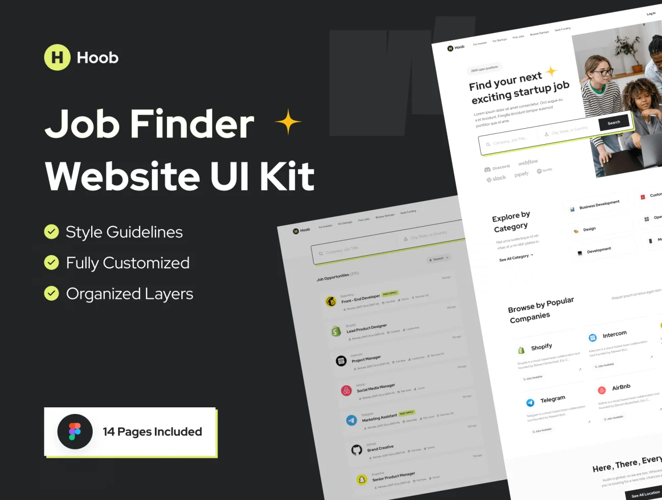 14页求职网站web UI设计模板套件 Hoob - Job Finder Website UI Kit .figma-UI/UX、ui套件、主页、介绍、卡片式、应用-到位啦UI