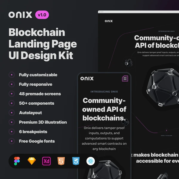 48屏区块链加密货币着陆页模板UI设计套件源码 Onix Blockchain Landing Page UI Design Kit - Code .lunacy. html. react