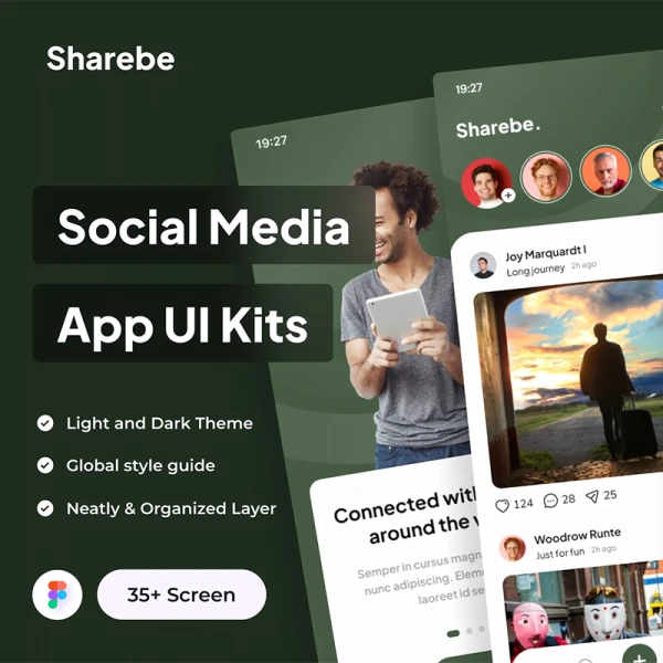 35屏社交媒体应用UI套件 Sharebe - Social Media App UI Kits .figma