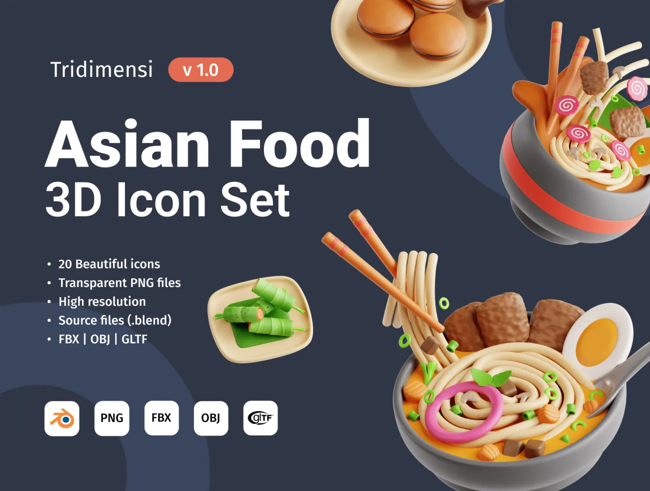 亚洲美食3D模型图标20款 3D Asian Food .maya .3D max .c4d .blender-3D/图标-到位啦UI