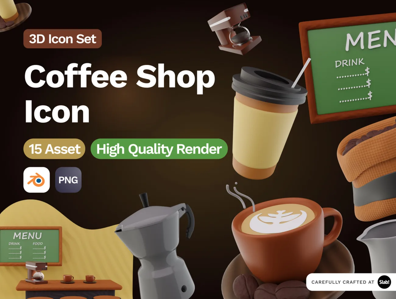 咖啡3D图标模型15款 3D Coffee Shop Icon .blender .png-3D/图标-到位啦UI